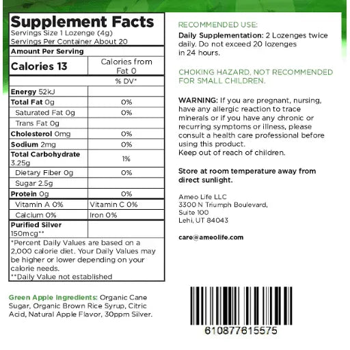 20 CT ORGANIC SILVER LOZENGE GREEN APPLE